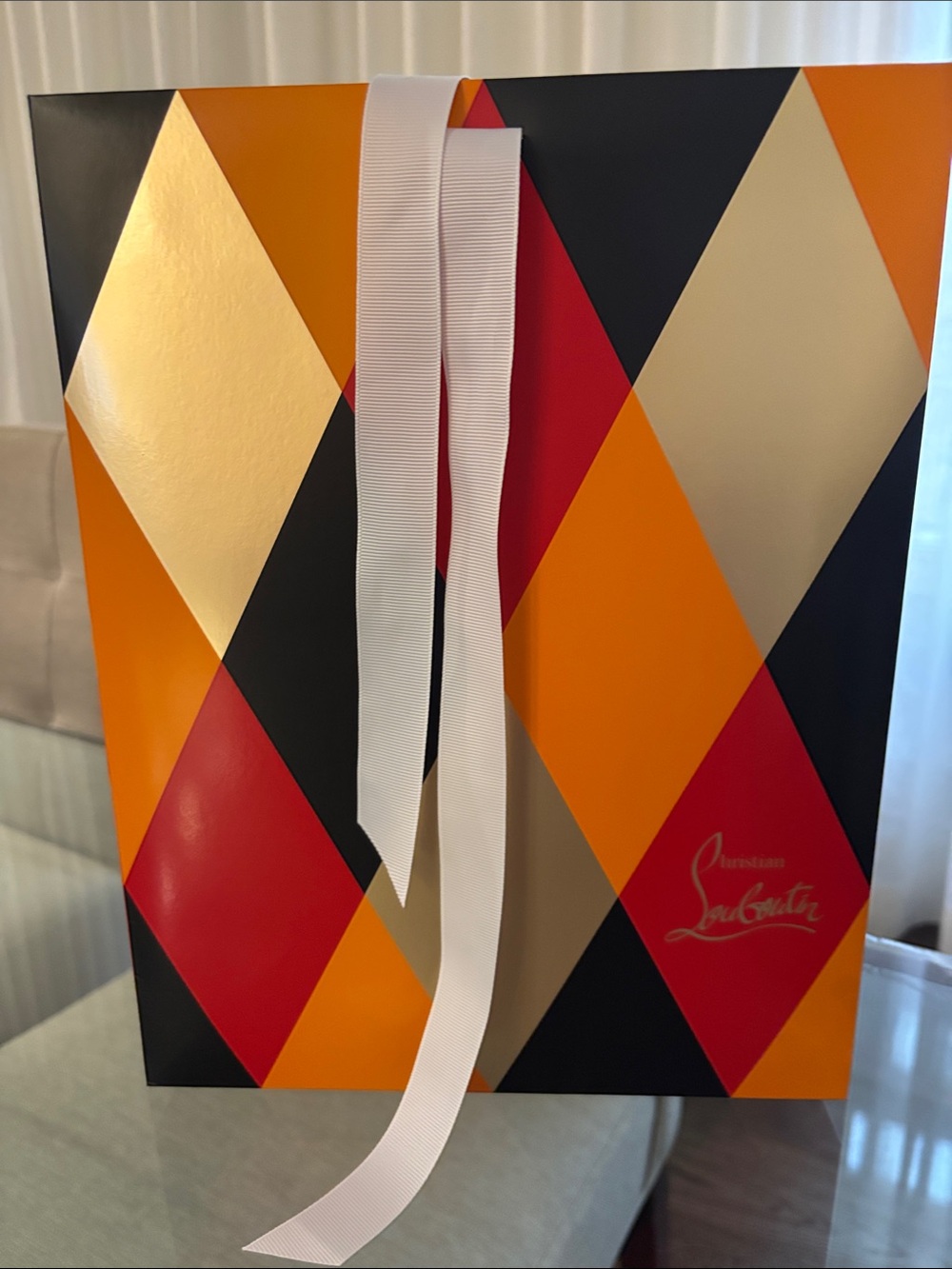 Christian Louboutin Multicolor Geometric Gift Bag with White Ribbon